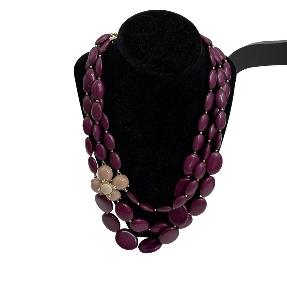 Statement Bib Necklace Multi Strand Purple Bead Flower Accent Chunky Jewelry